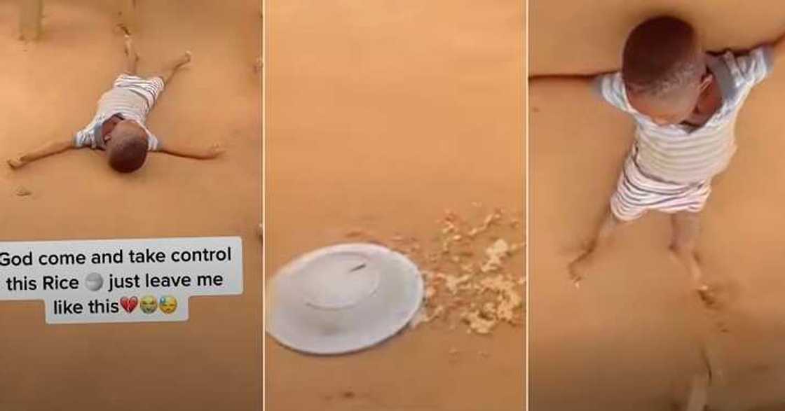 Little boy in tears as his plate of rice wastes Little boy in tears as his plate of rice wastes