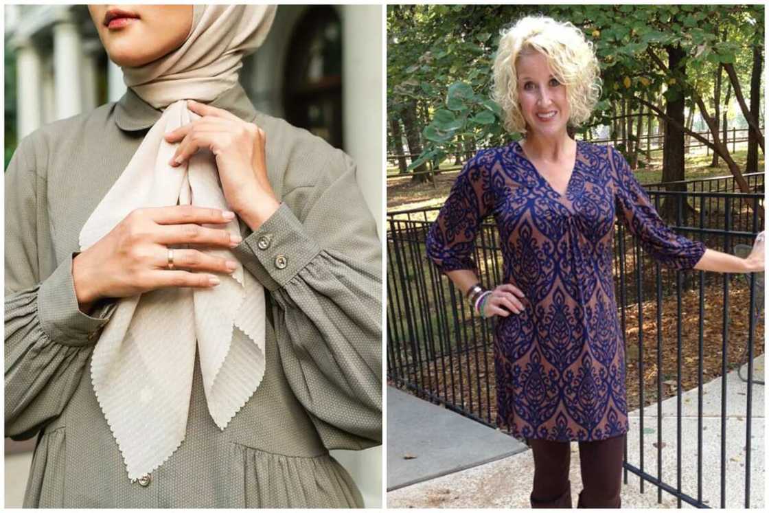 Two ladies showcasing different styles of damask tunic Two ladies showcasing different styles of damask tunic
