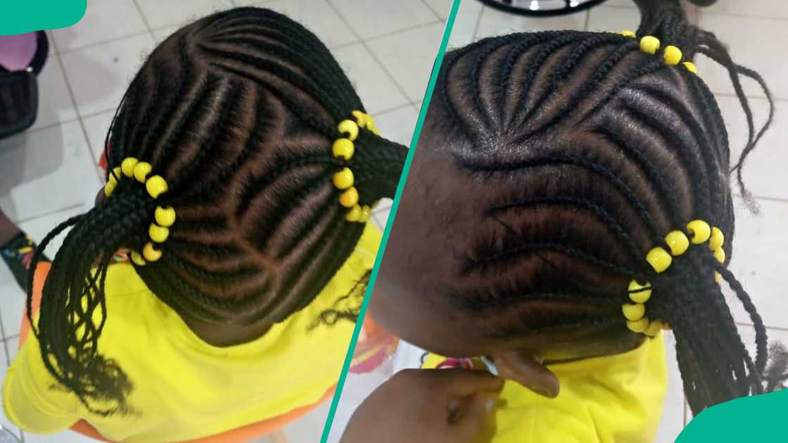 Braided pigtails on natural hair with yellow beads Braided pigtails on natural hair with yellow beads