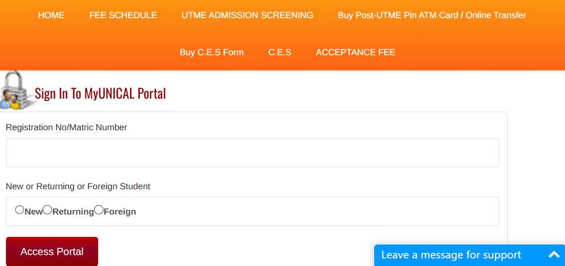 A screenshot of MyUNICAL Portal's login page A screenshot of MyUNICAL Portal's login page