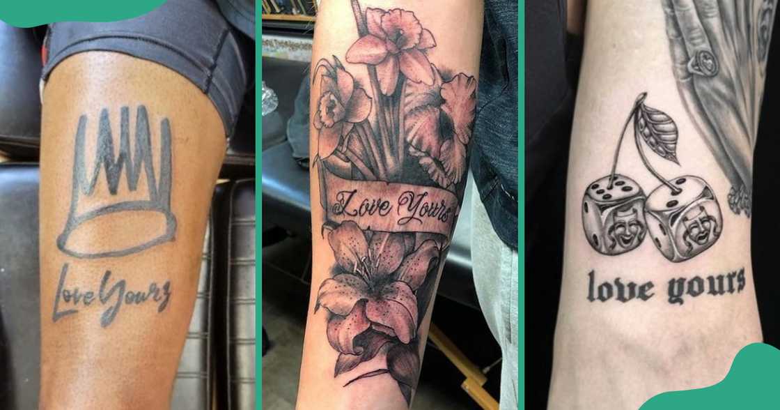 Love Yours tattoo designs on the leg and arms.