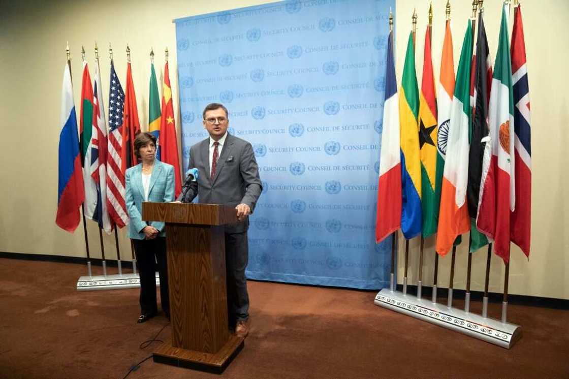 Ukrainian Foreign Minister Dmytro Kuleba and French Foreign Minister Catherine Colonna speak to the press outside the UN Security Council Ukrainian Foreign Minister Dmytro Kuleba and French Foreign Minister Catherine Colonna speak to the press outside the UN Security Council