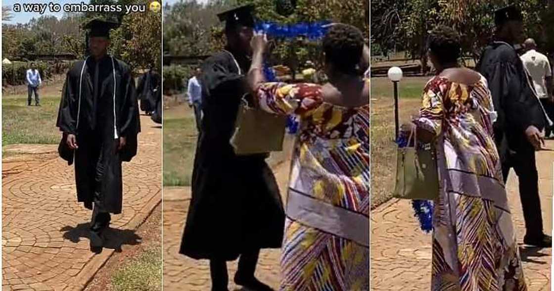 Boy walks out on mum on graduation day, floral ribbon Boy walks out on mum on graduation day, floral ribbon