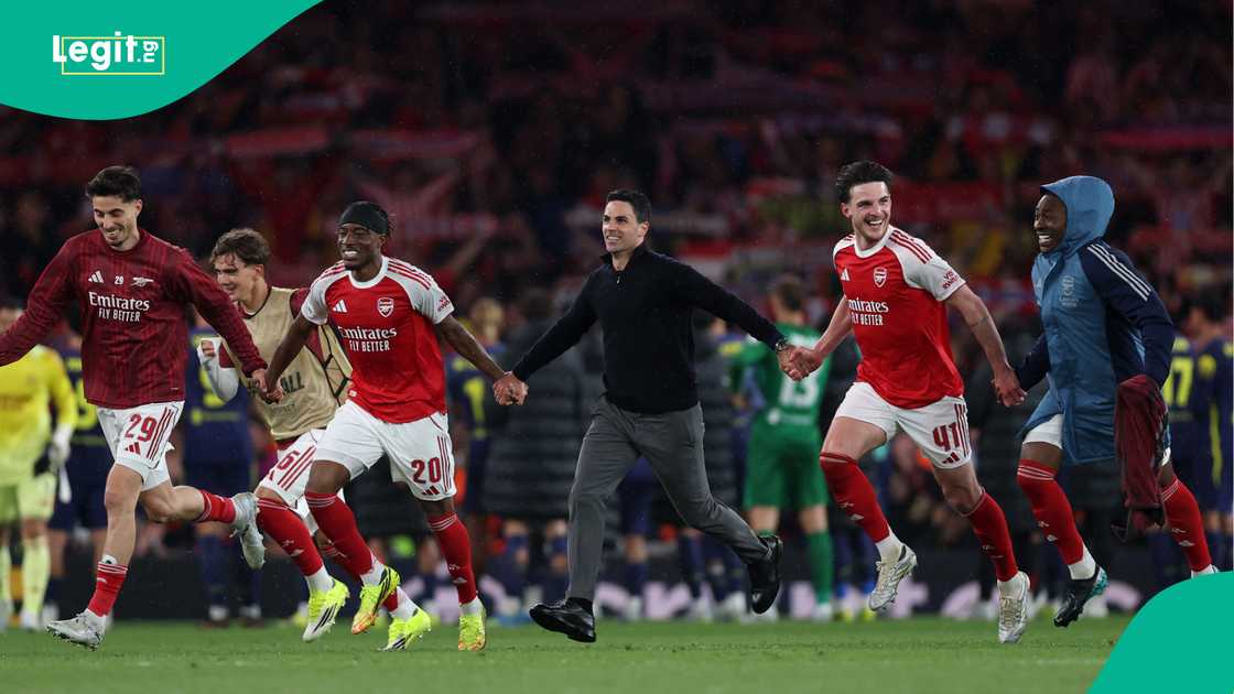 Kai Havertz, Noni Madueke, Mikel Arteta, Declan Rice, Arsenal, UEFA Champions League. Kai Havertz, Noni Madueke, Mikel Arteta, Declan Rice, Arsenal, UEFA Champions League.