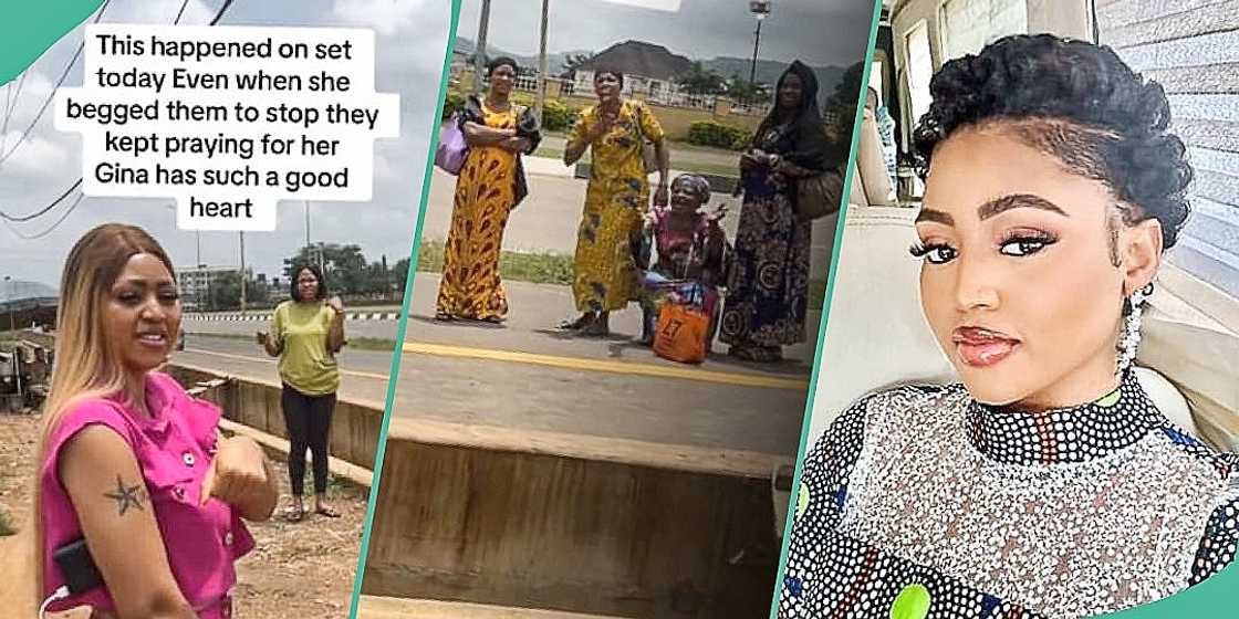 Women kneel to pray for Regina Daniels on the road