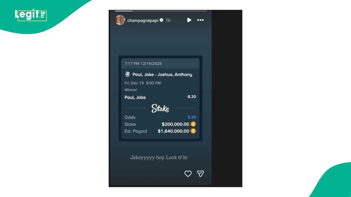 Rapper Drake shares his bet slip for Anthony Joshua and Jakes Paul's fight.