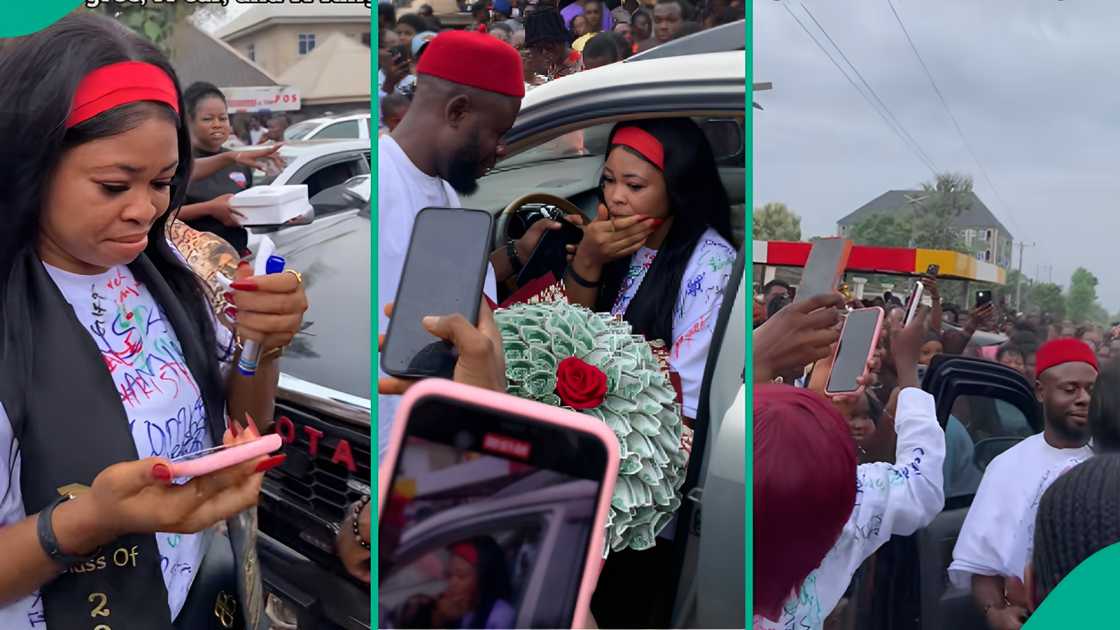 A lady celebrating her sign-out day from the university is surprised with a proposal and a brand-new car. A lady celebrating her sign-out day from the university is surprised with a proposal and a brand-new car.