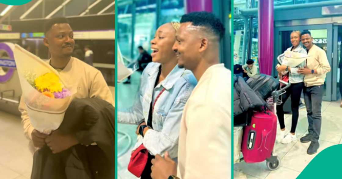 Man overjoyed as his beautiful wife arrives London. Man overjoyed as his beautiful wife arrives London.