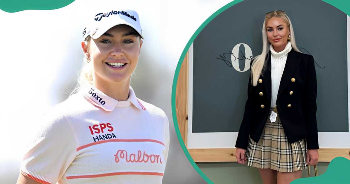 Charley Hull poses on the greens during a tournament (L). The golfer poses during an event at Cheltenham (R).