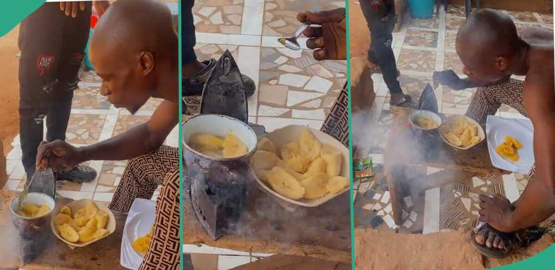 Man boils plantain with pressing iron.