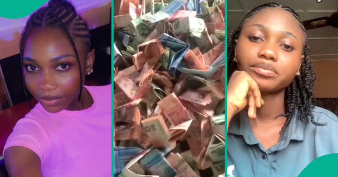 Lady displays the cash that she raised after getting a job at a lounge. Lady displays the cash that she raised after getting a job at a lounge.