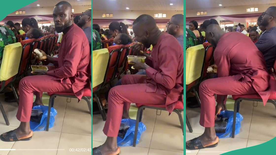 Reactions as man brings out plate of fufu and soup to eat during Sunday service in church