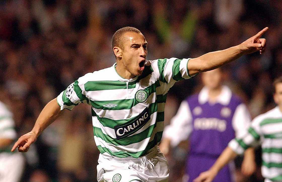 Celtic's Henrik Larsson celebrating after scoring a goal against RSC Anderlecht