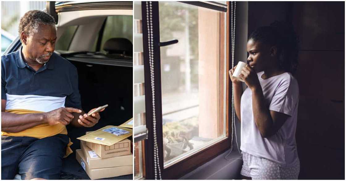 Delivery guy, lady, food Delivery guy, lady, food