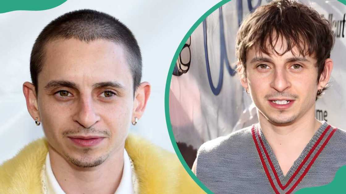 Moisés Arias in a yellow coat and white T-shirt (L). The actor is in a grey sweater with red stripes (R)