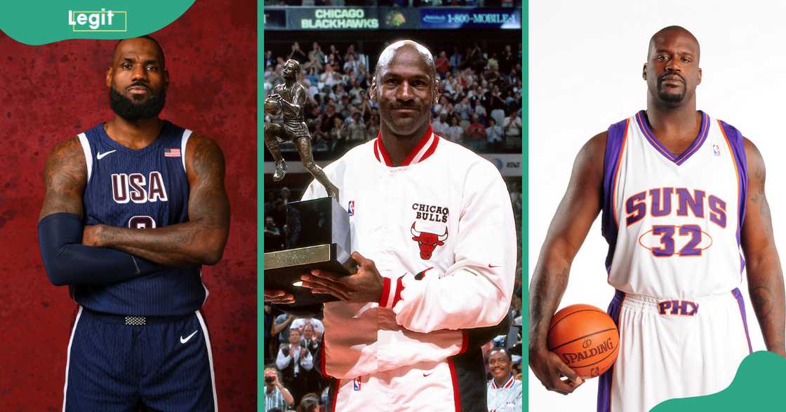 LeBron James (L), Michael Jordan (C) and Shaquille O'Neal (R) pose standing in basketball kits.