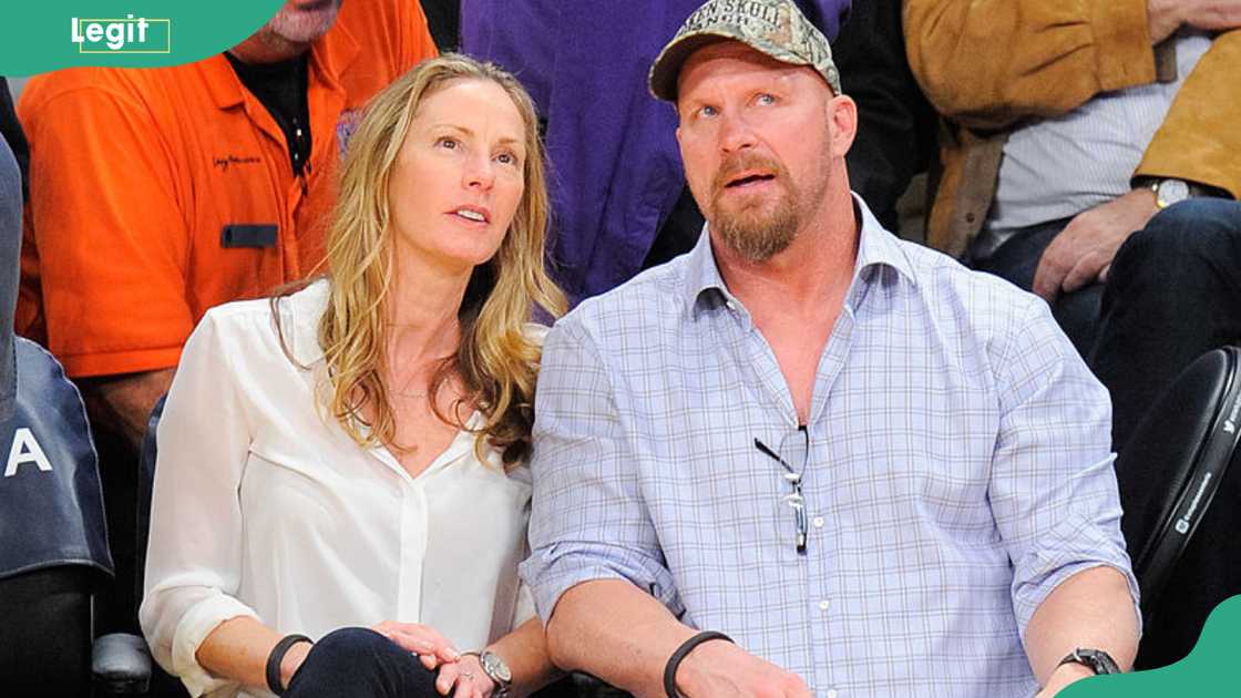 Stone Cold Steve Austin and Kristin Feres attend a basketball game between the Indiana Pacers and the Los Angeles Lakers