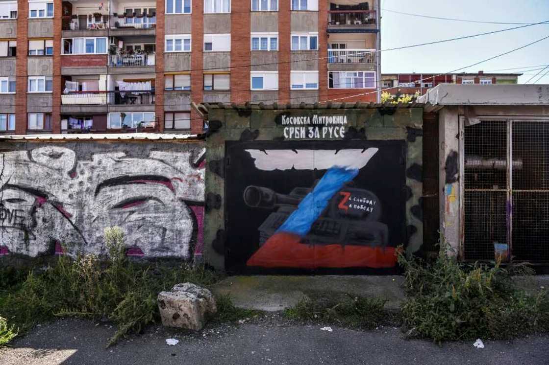 A mural in Mitrovica reads, 'Serbs for Russians, for freedom and victory' A mural in Mitrovica reads, 'Serbs for Russians, for freedom and victory'