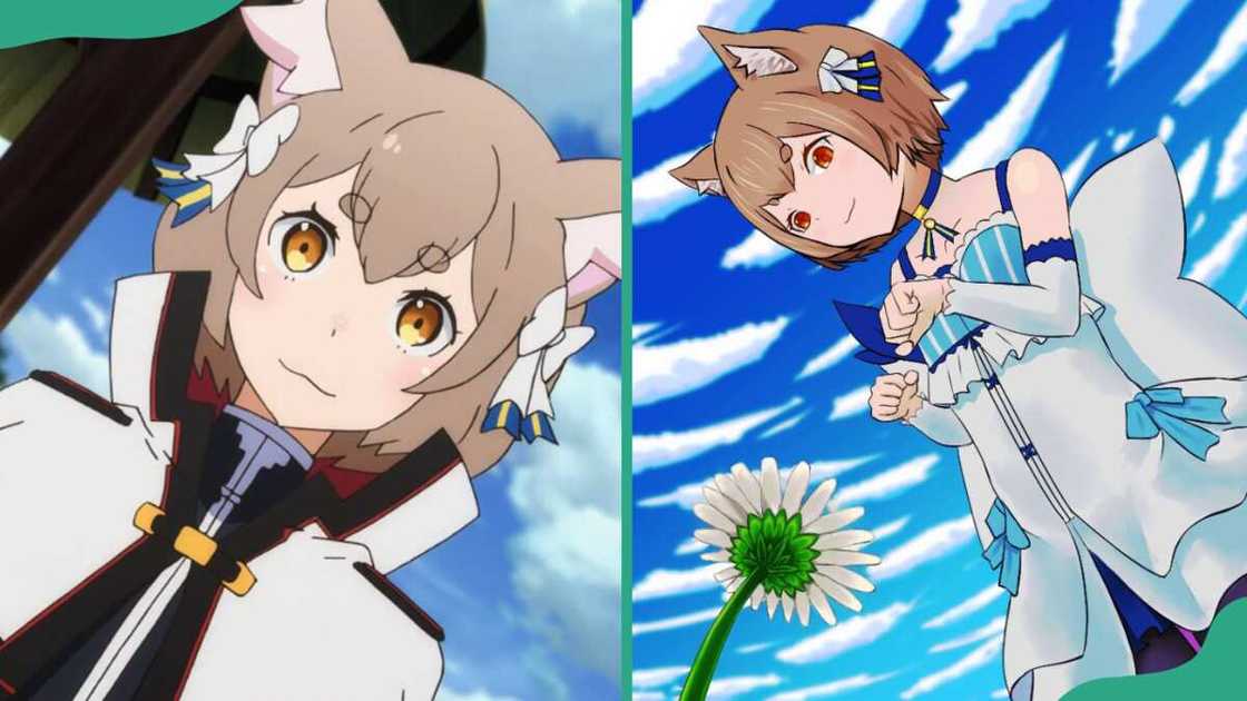 Felix Argyle wears a white outfit (L). The character reaching out towards a white flower (R) Felix Argyle wears a white outfit (L). The character reaching out towards a white flower (R)