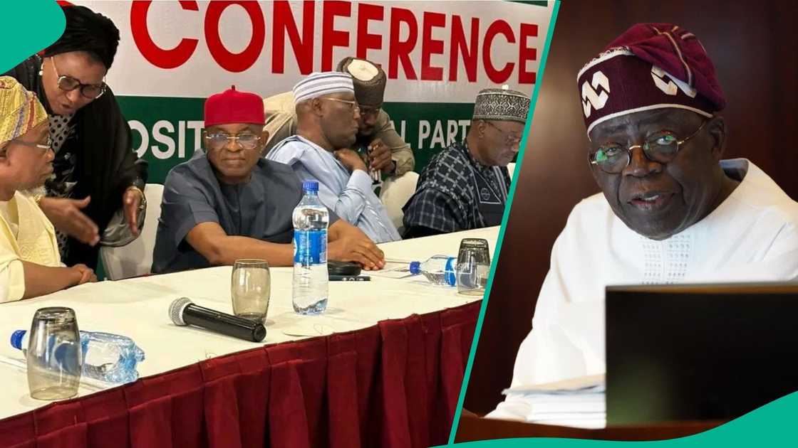 Atiku Abubakar, Peter Obi, and David Mark lead other opposition to a world press conference in bid to sack President Bola Tinubu in the 2027 election.