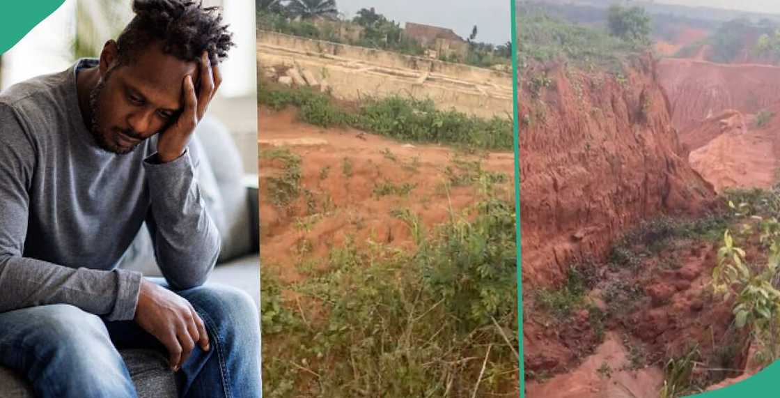Nigerians amuse over video of man building house beside deep erosion Nigerians amuse over video of man building house beside deep erosion