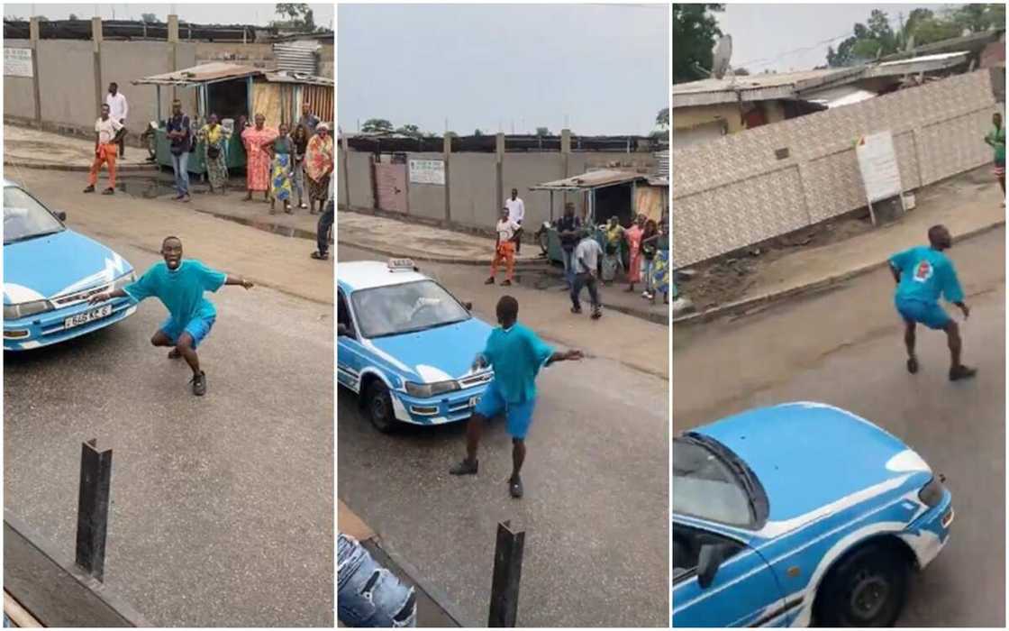 Young man uses his cool dance steps to stop traffic on a busy road Young man uses his cool dance steps to stop traffic on a busy road