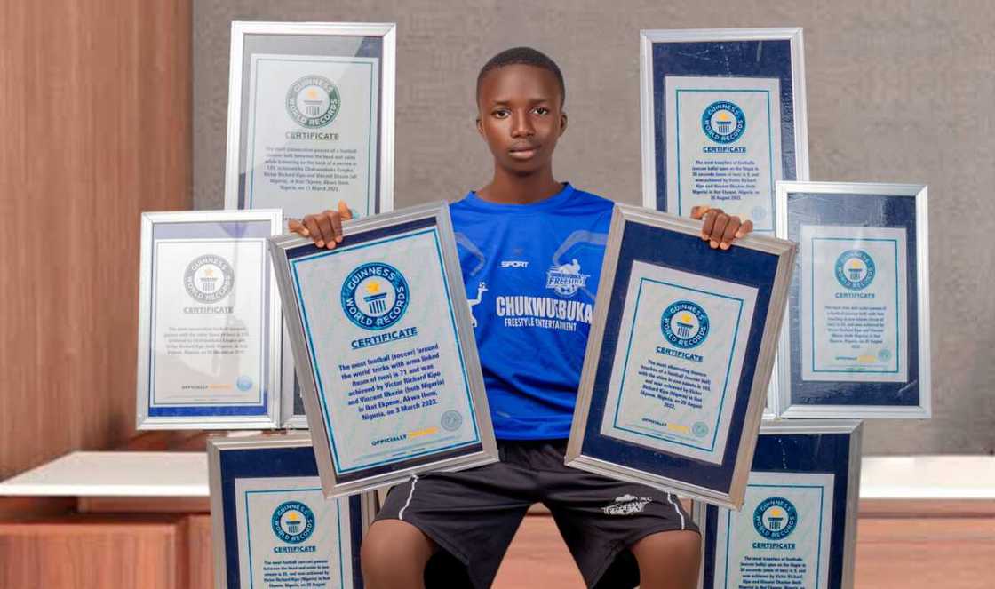 Photos of Victor Richard Kipo with his 8 Guinness World Records certificates. Photos of Victor Richard Kipo with his 8 Guinness World Records certificates.