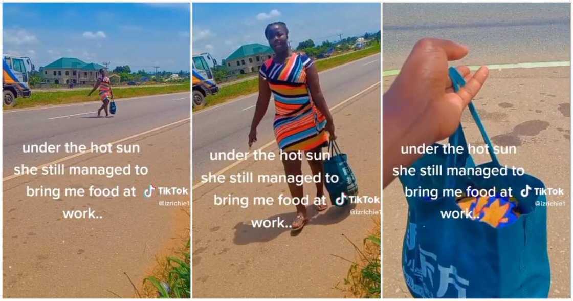 Lady delivers food to lover, scorching sun, hot sun Lady delivers food to lover, scorching sun, hot sun