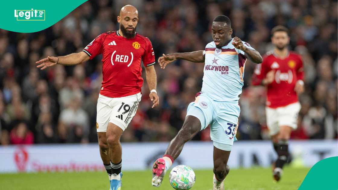 Michael Kayode against Manchester United's Bryan Mbeumo at Old Trafford. Photo by MI News