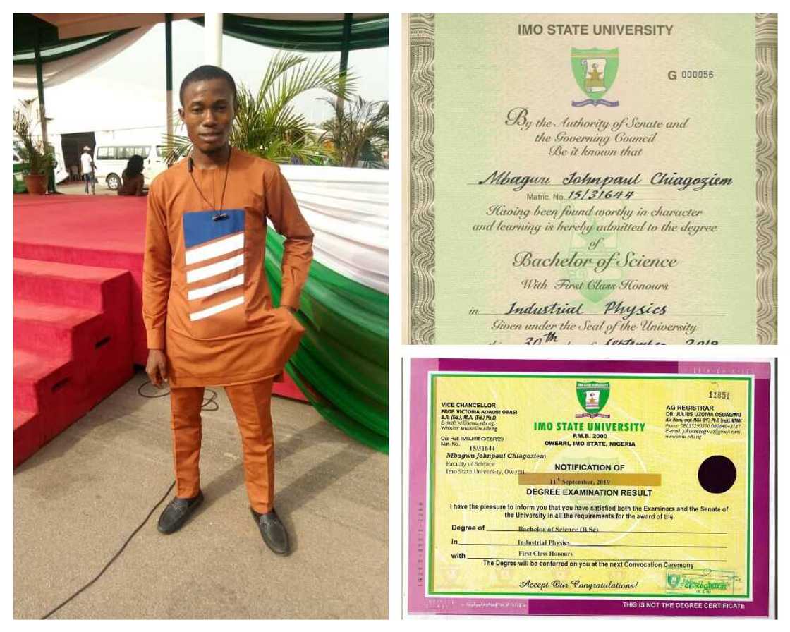 Jubilation as graduate breaks record in department, bags first class in industrial physics Jubilation as graduate breaks record in department, bags first class in industrial physics