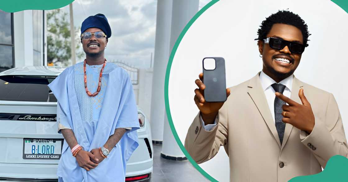 Blord poses for a photo behind a car (L) and points to a phone (R).