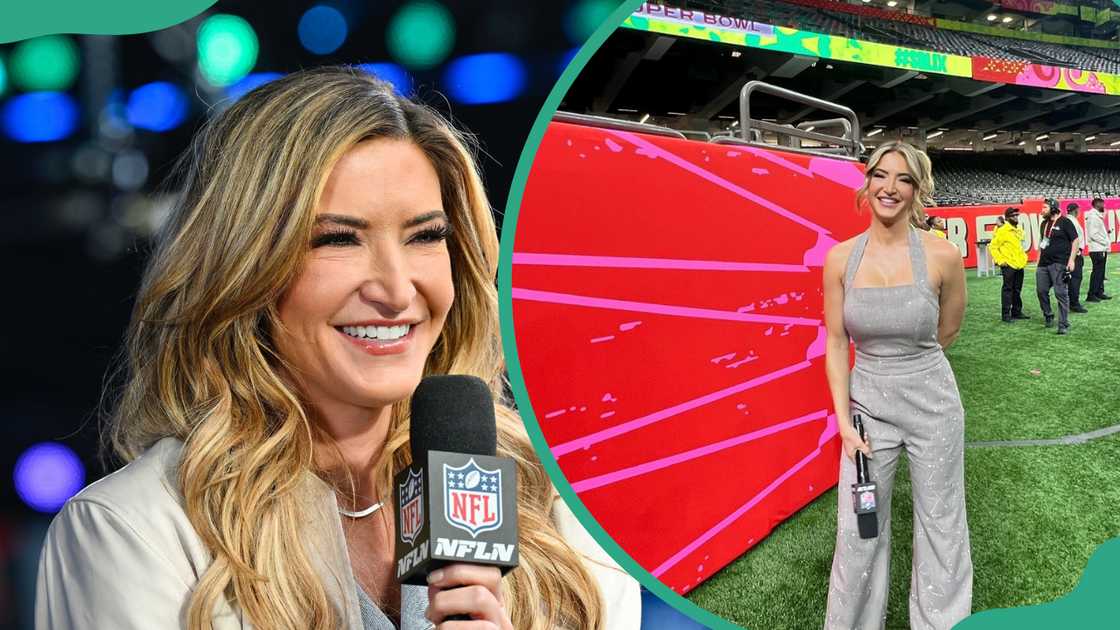 Cynthia Frelund doing live reporting in grey outfits