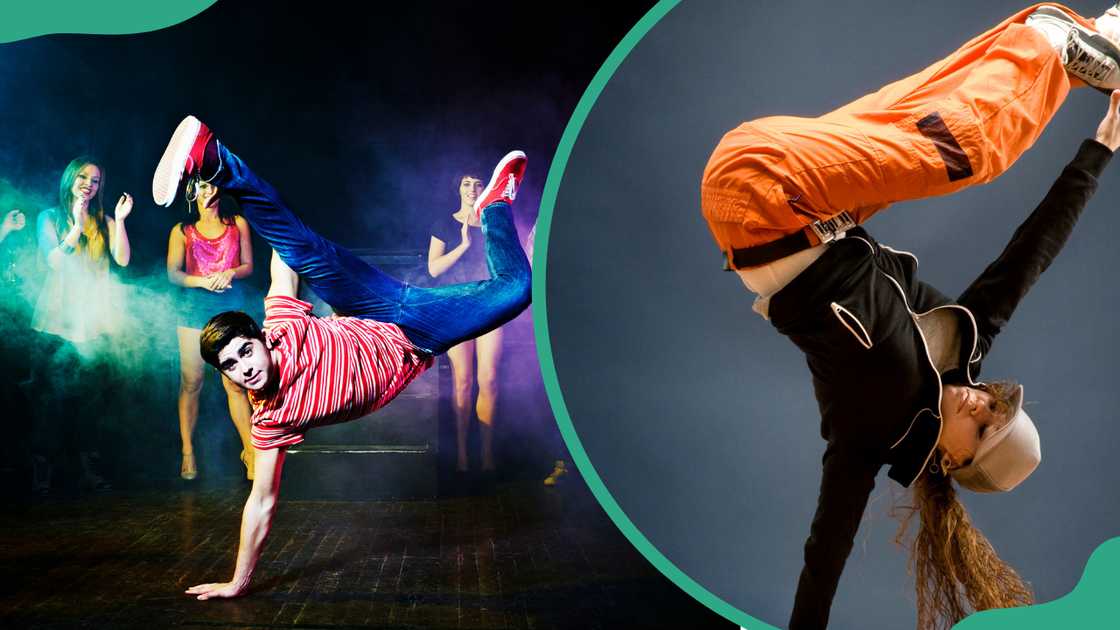 A young man breakdancing in front of a crowd (L). An energetic lady performing on stage (L)