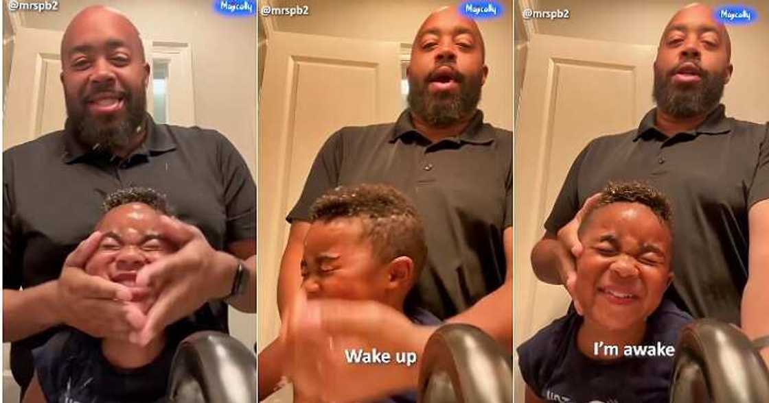 Dad wakes son from sleep, running water Dad wakes son from sleep, running water