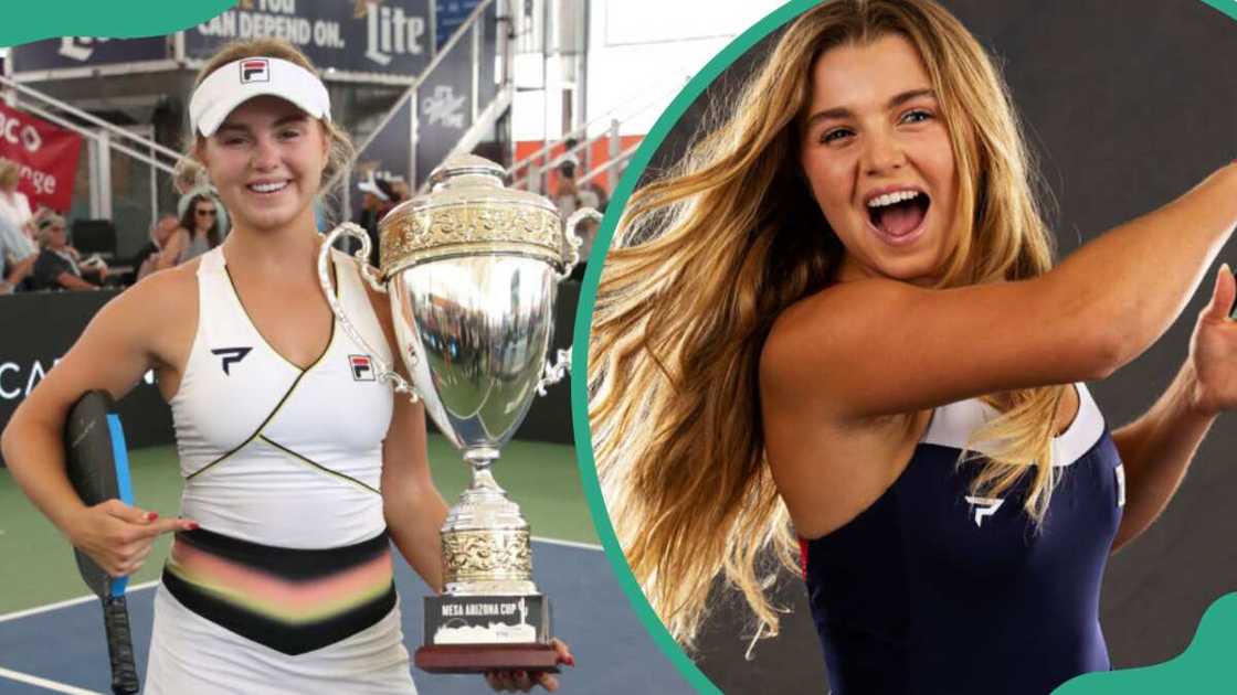 Anna Leigh Waters after winning her 23rd triple crown title (L). The pickleball player poses for a portrait on 24 April 2023 in Fort Lauderdale, Florida (R)