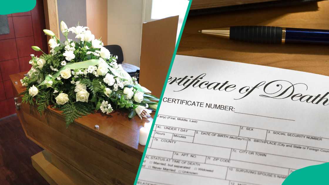 A funeral casket and a blank death certificate on a desktop. A funeral casket and a blank death certificate on a desktop.