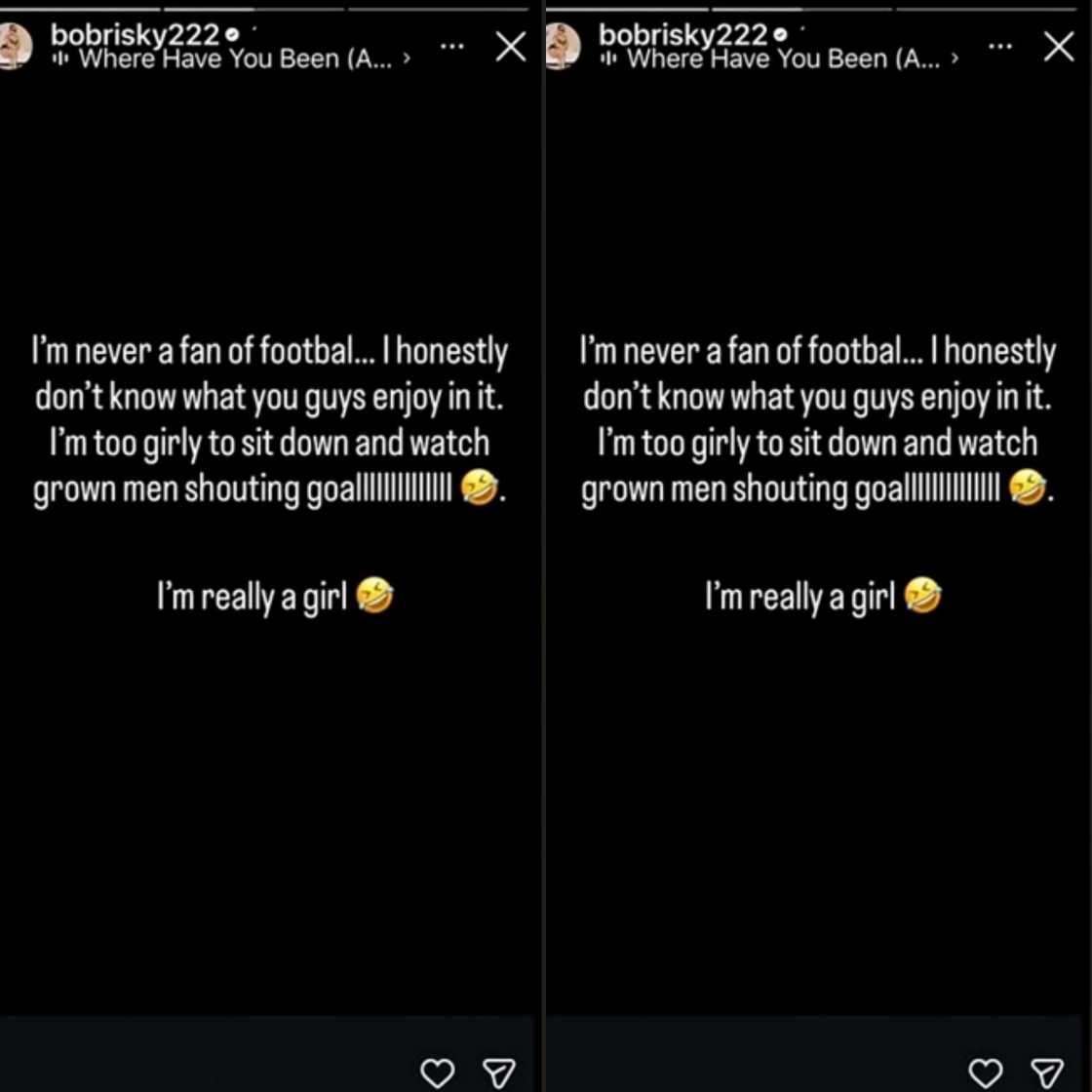 Bobrisky dismisses football as "too manly" after Super Eagles' AFCON loss, sparking divided reactions online over her controversial post about the sport Bobrisky dismisses football as "too manly" after Super Eagles' AFCON loss, sparking divided reactions online over her controversial post about the sport