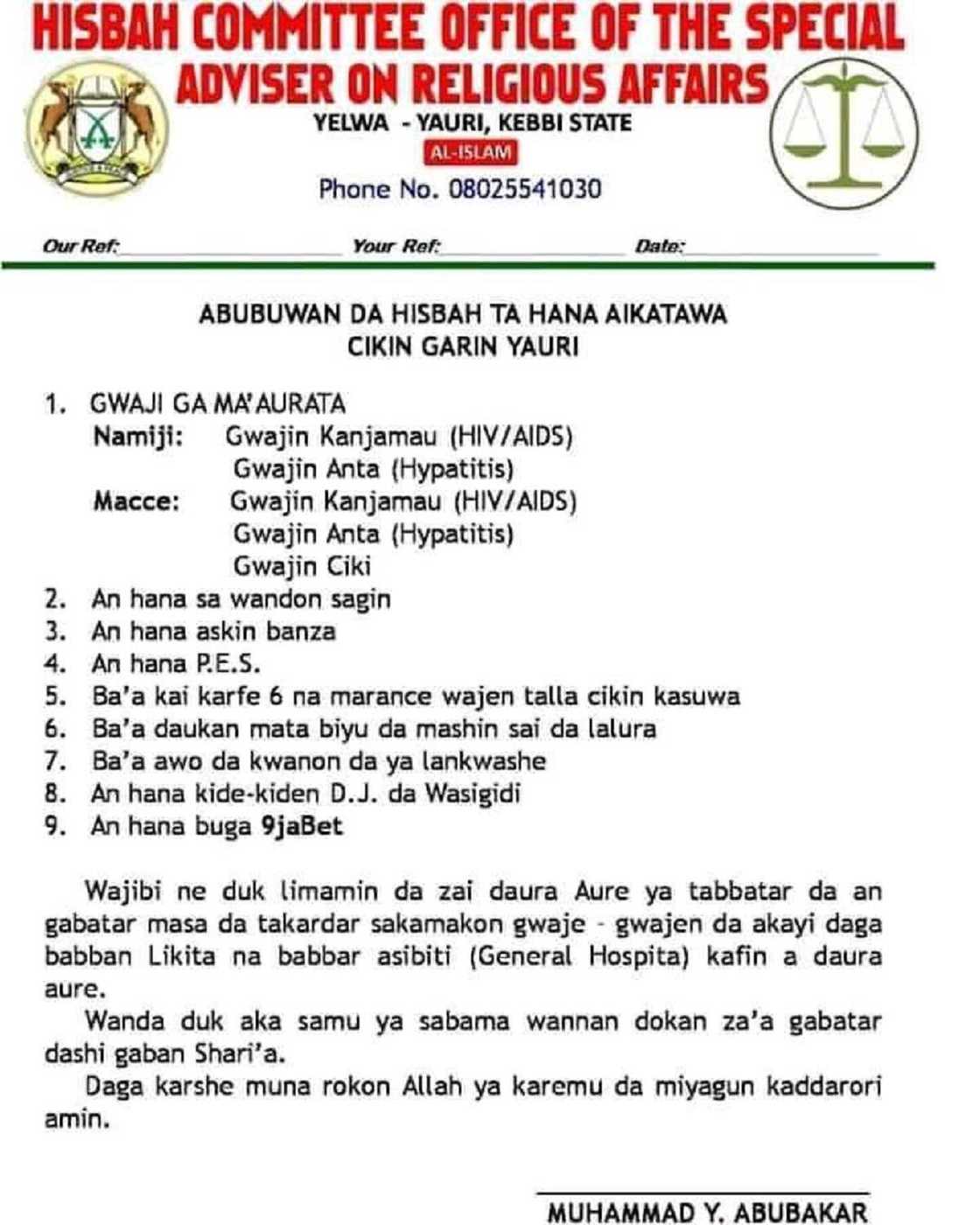 Jihar Kebbi: Abubuwa 9 da Hisbah ta wajabta da haramta aikata su a Yauri Jihar Kebbi: Abubuwa 9 da Hisbah ta wajabta da haramta aikata su a Yauri