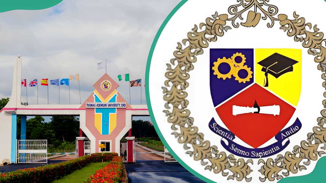 Section of the institution's main gate (L) and Thomas Adewumi University logo (R) Section of the institution's main gate (L) and Thomas Adewumi University logo (R)