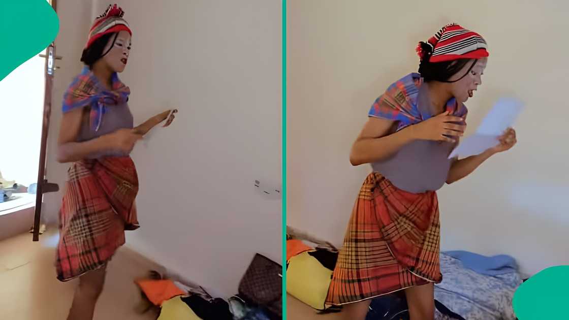 Lady laughs as roommate acts silly during theatre arts revision