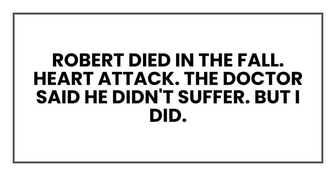 Robert died in the fall. Heart attack. The doctor said he didn't suffer. But I did. Robert died in the fall. Heart attack. The doctor said he didn't suffer. But I did.
