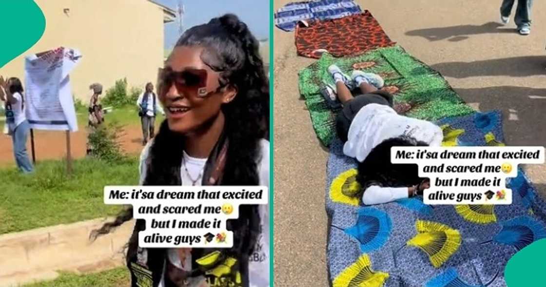 Mum lays her wrappers on the bare floor for her graduating daughter to walk on them. Mum lays her wrappers on the bare floor for her graduating daughter to walk on them.