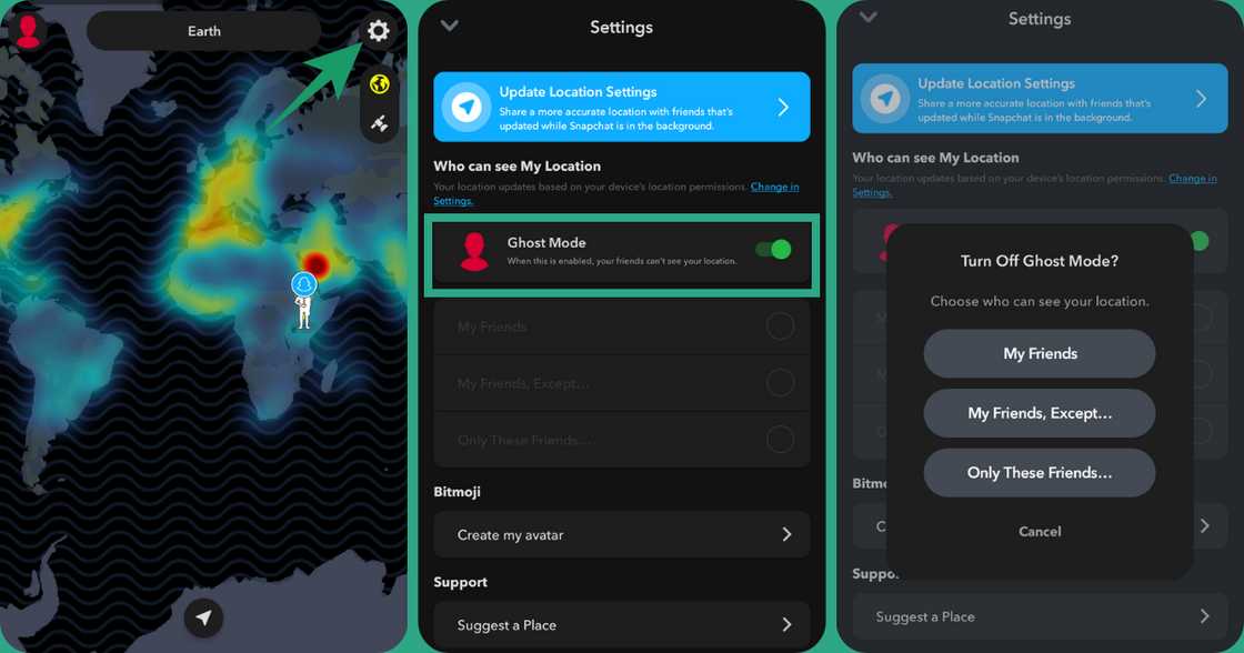 Ghost Mode settings on the Snapchat app. Ghost Mode settings on the Snapchat app.
