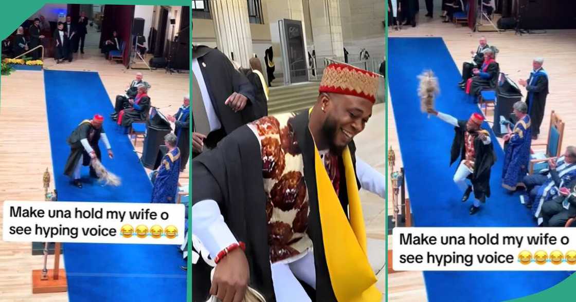 Man dances during graduation abroad. Man dances during graduation abroad.