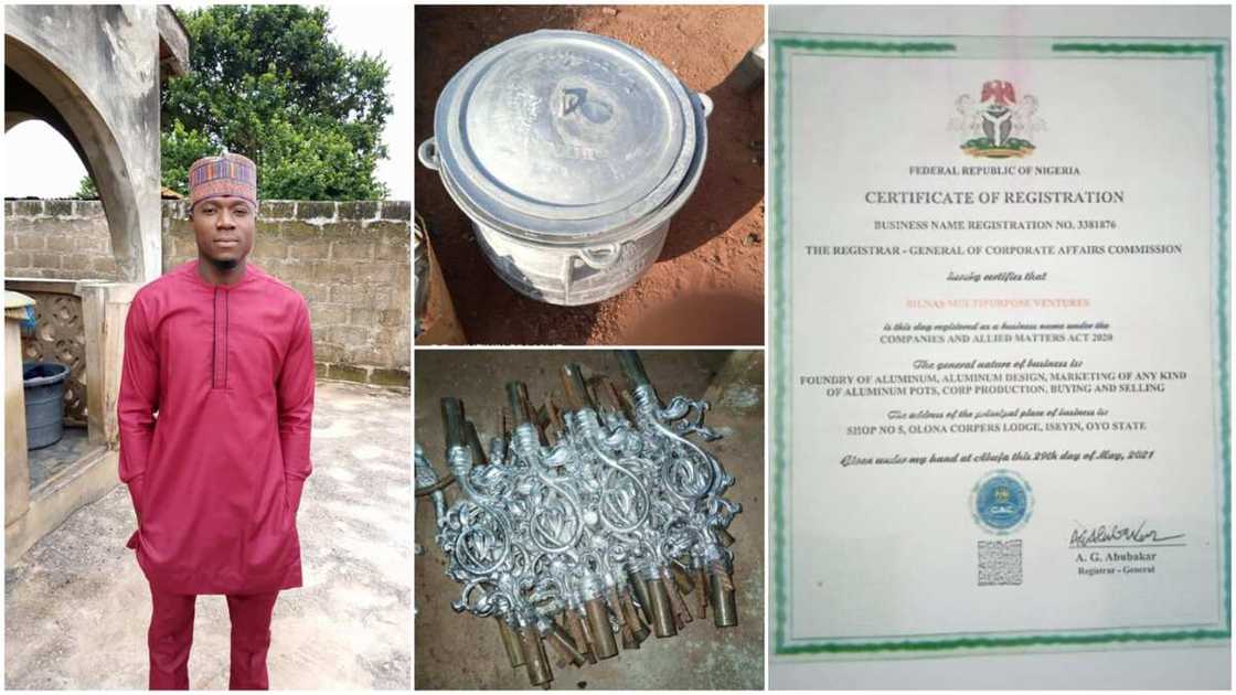 Nigerian who man makes fine aluminum pots from metals.