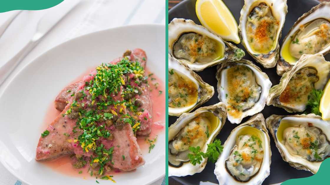 A plate of Bigeye Tuna (L) and Classic Oysters (R) A plate of Bigeye Tuna (L) and Classic Oysters (R)