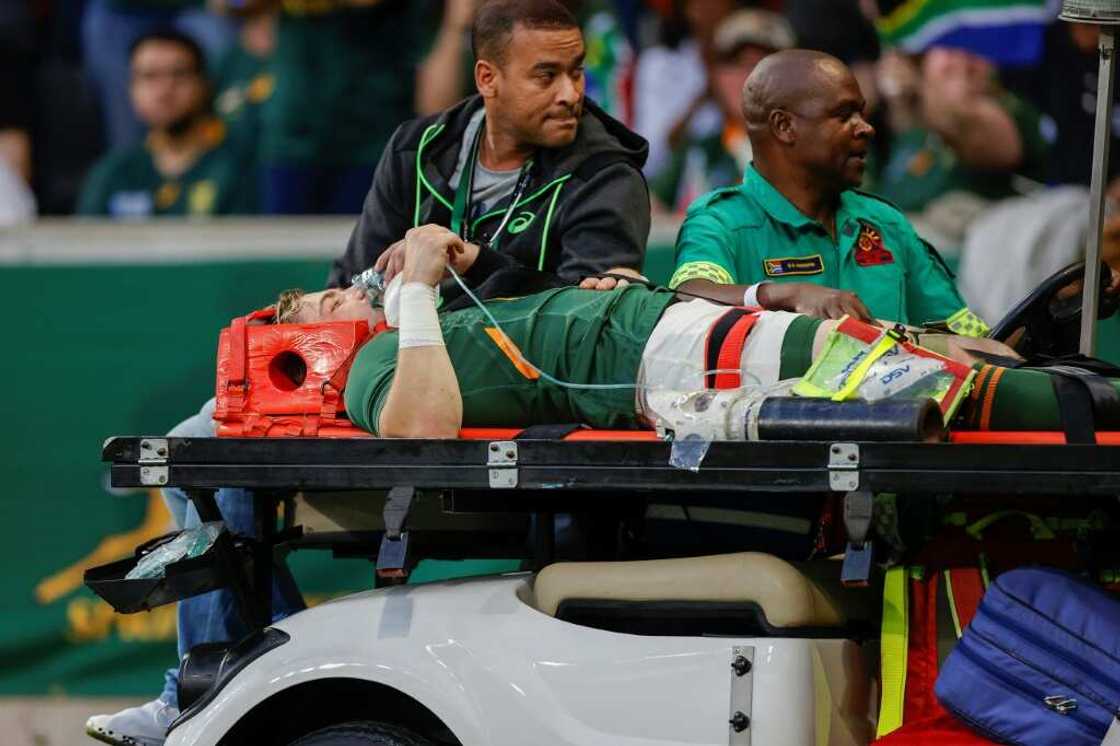 South Africa scrum-half Faf de Klerk is taken off on a stretcher after being injured during the Rugby Championship match against New Zealand in Mbombela on August 6, 2022. South Africa scrum-half Faf de Klerk is taken off on a stretcher after being injured during the Rugby Championship match against New Zealand in Mbombela on August 6, 2022.
