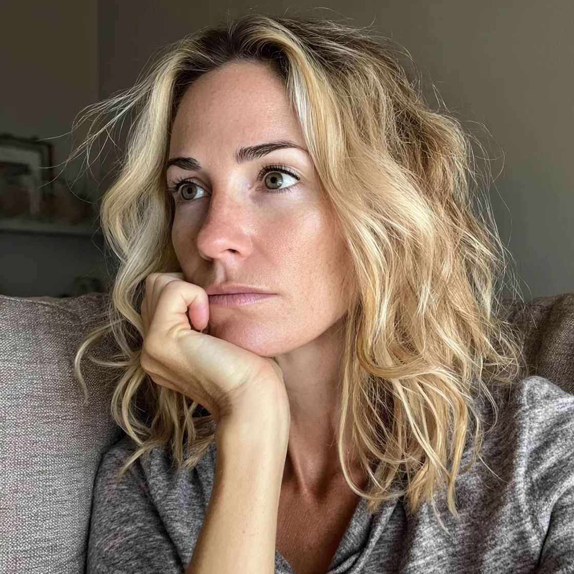 A stressed woman sitting on a couch A stressed woman sitting on a couch