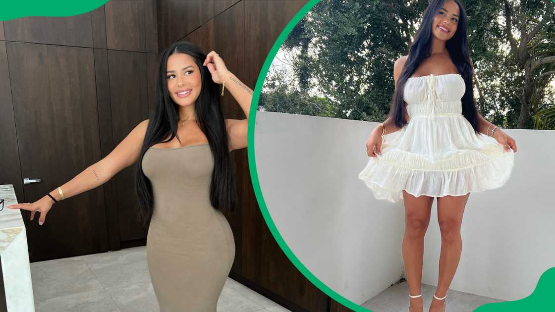 Katya Elise Henry in long brown and short cream dresses Katya Elise Henry in long brown and short cream dresses