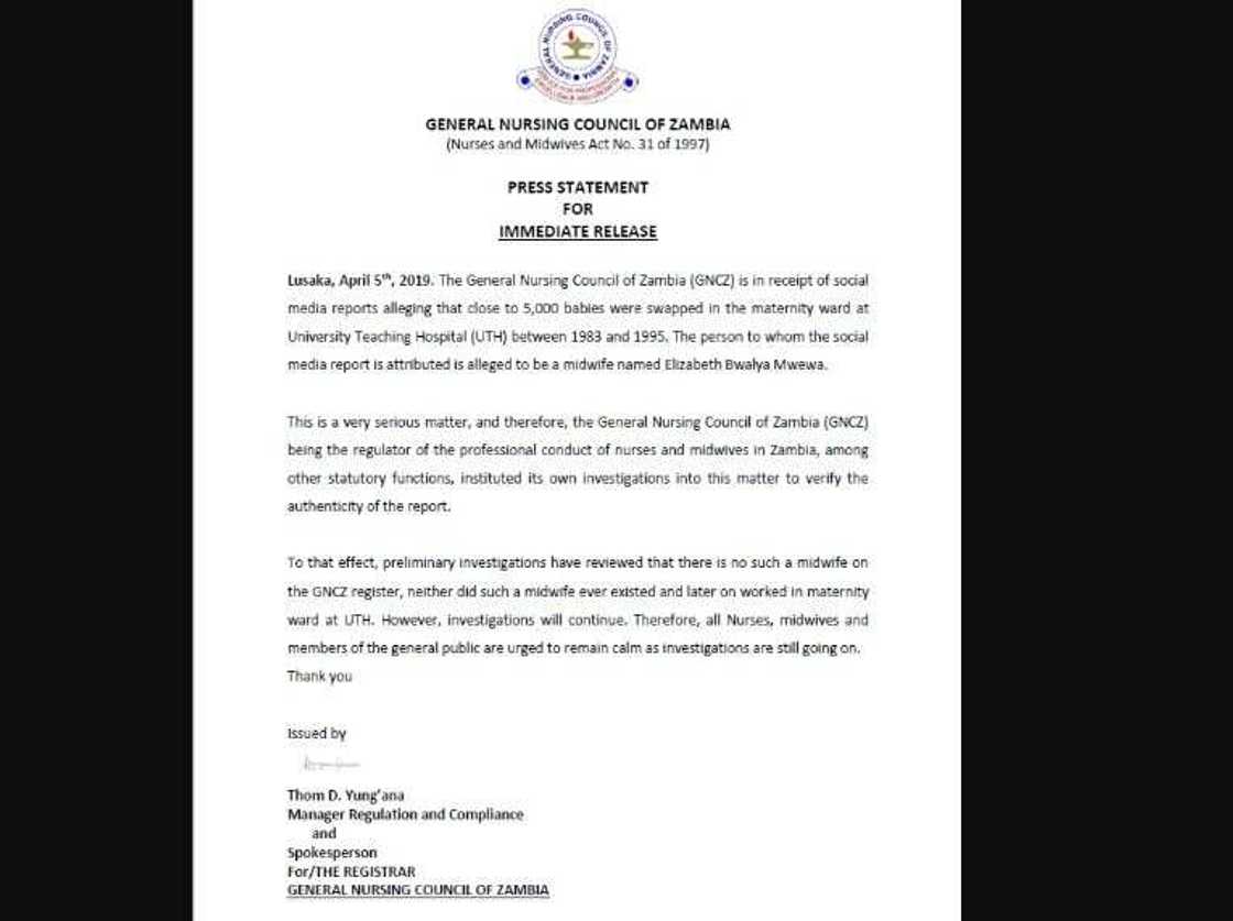 A screenshot of the General Nursing Council of Zambia press release obtained by independent fact-checkers on April 8 A screenshot of the General Nursing Council of Zambia press release obtained by independent fact-checkers on April 8